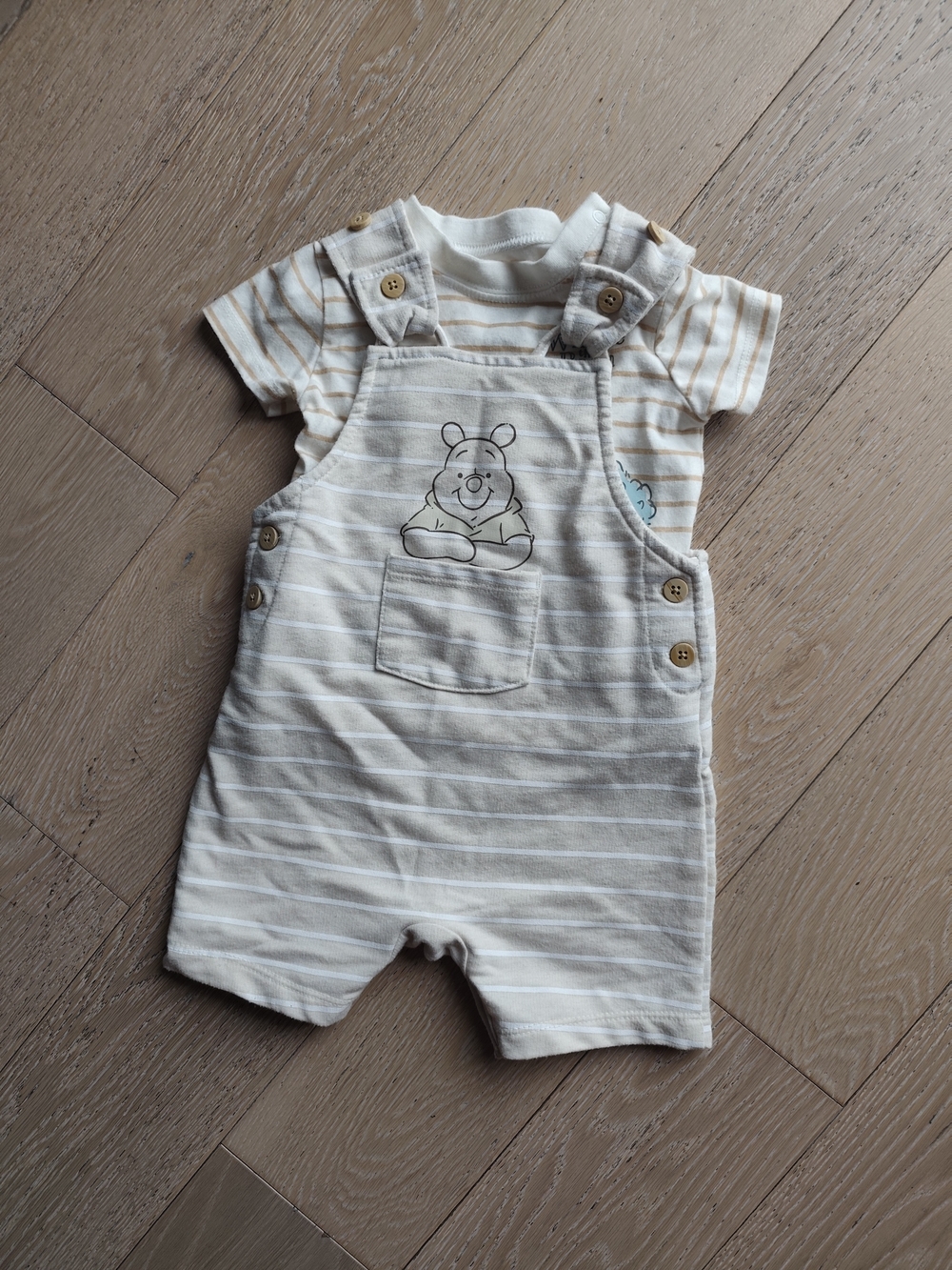 Disney Cream and Beige Winnie The Pooh Striped Overalls with Pooh Print 3-6M